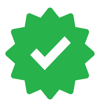 Green check mark symbol inside starburst shape, verified badge icon, confirmation and success concept