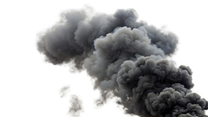 A dramatic scene of a large, dark smoke cloud billowing into the sky.