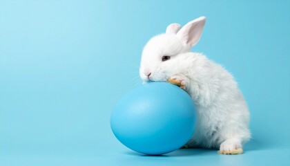 Obraz premium Rabbit with blue egg on light background