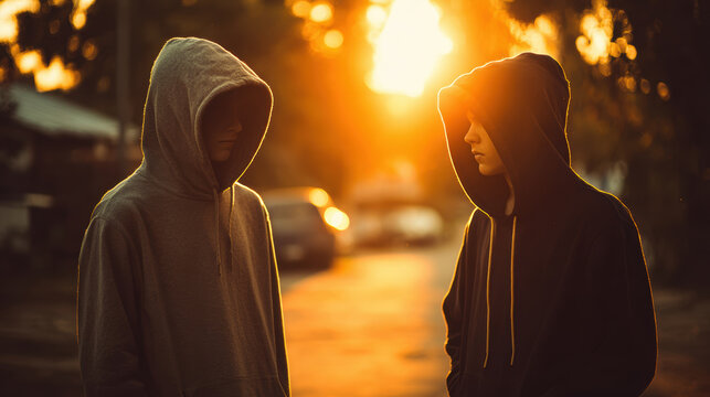 Young guys, possibly plugs, discussing sketchy stuff in the street, evening light