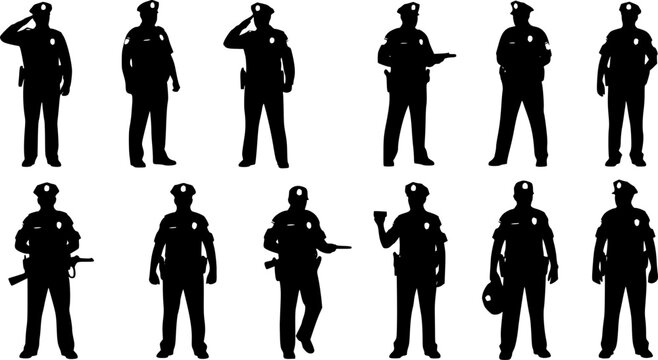 silhouettes of police officers, full figures. Isolated. vector illustration
