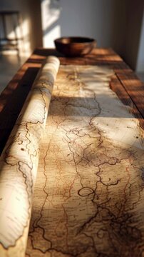 Sunlit vintage map unrolled on a wooden table with a bowl, casting shadows