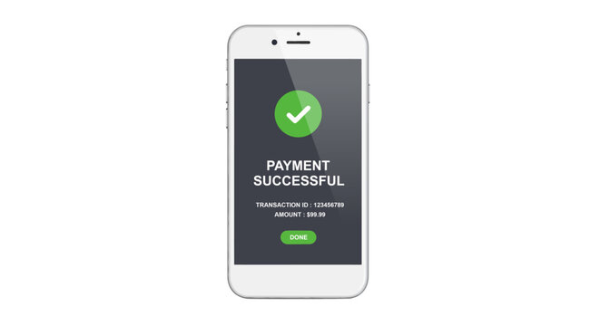 Mobile Phone Showing Successful Online Payment Confirmation Screen Isolated on White Background