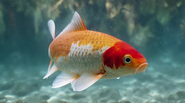 Captivating view of a beautiful, colorful koi fish gracefully swimming in its natural habitat underwater, showcasing its vibrant patterns and serene movement in clear freshwater