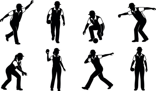 Collection of lawn bowls and bocce player vector silhouettes featuring men and women in action poses for sports and recreation designs.