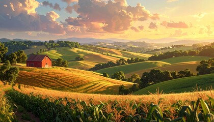 Obraz premium Scenic countryside landscape with red barn at golden hour sunset rural farmland