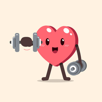 Cartoon cute heart character doing dumbbells weight training