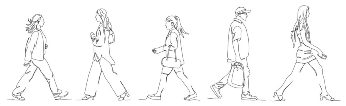 People walking set. Side view. Continuous line drawing elements. Vector illustration in line art style. Editable stroke.