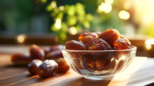 Dates and water simple meal in sunlight, breaking fast food, spiritual nourishment display, religious tradition presentation, daylight iftar setting, defocused natural light, with