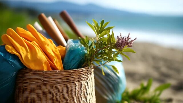 Beach cleanup supplies including trash bags gloves and collected debris, ready for disposal promoting environmental care, cleanup equipment arrangement, conservation tools
