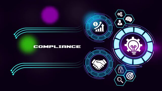 Compliance and regulatory policy adherence concept animation, legal and corporate standard icons on digital background, 4K motion graphics.