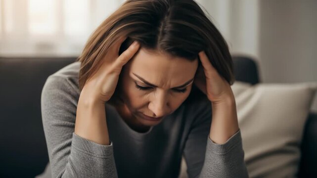 A woman with her hands on her temples, looking stressed