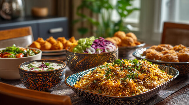 Eid festive food arrangement with traditional dishes on table