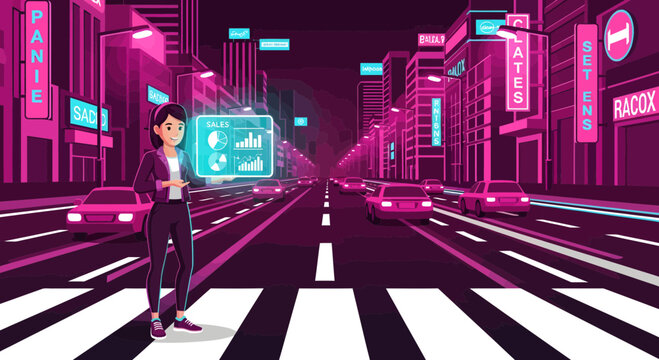 Young woman interacting with a futuristic holographic interface.