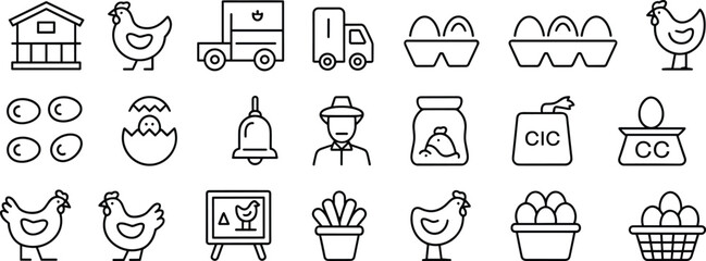 Chicken farm line icons set featuring poultry, eggs, farming equipment, agriculture production, livestock management concepts © Hey world