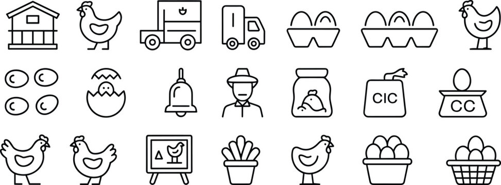 Chicken farm line icons set featuring poultry, eggs, farming equipment, agriculture production, livestock management concepts