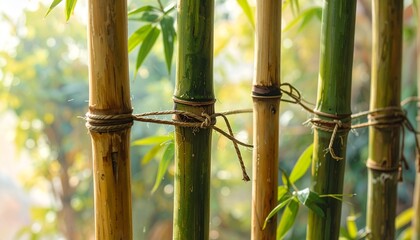 Fototapeta premium Bamboo fence with rustic rope binding in serene garden sunlight background