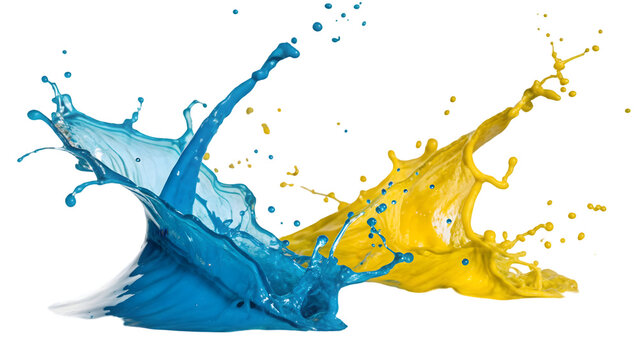 Vibrant blue and yellow liquid splashes creating an abstract art piece