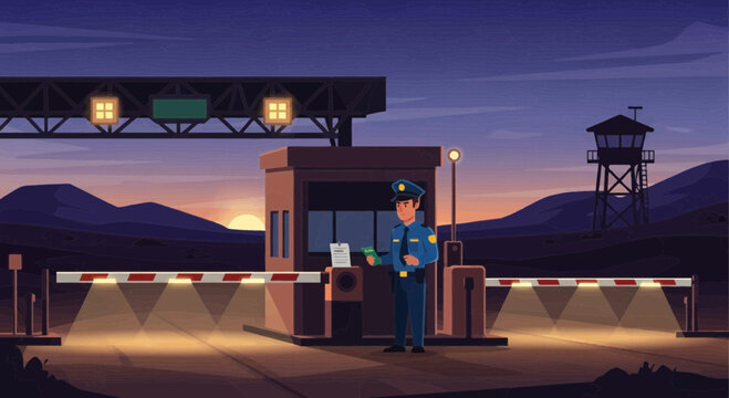 Security guard at checkpoint barrier booth.