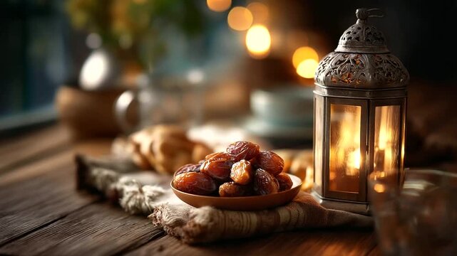 Still life with dates water prayer mat and lantern, spiritual breaking fast setup, religious observance arrangement, iftar ritual display, faith-based meal setting, defocused