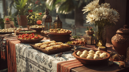 Outdoor eid celebration with traditional food and decorations