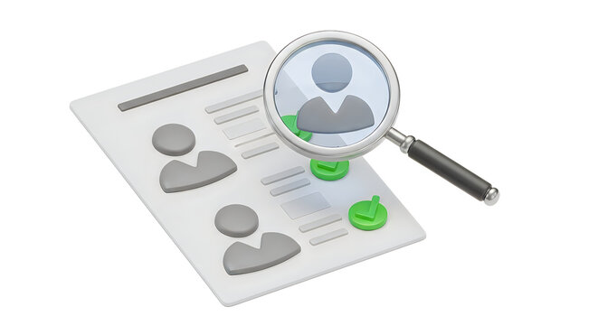 Magnifying glass on resume with green checkmarks and gray people icons on white background for business and recruitment concept transparent background