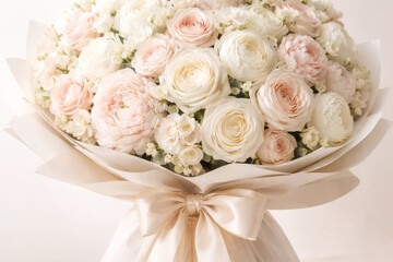 Obraz premium Soft pastel bouquet of roses wrapped with ribbon, romantic floral gift .generative AI