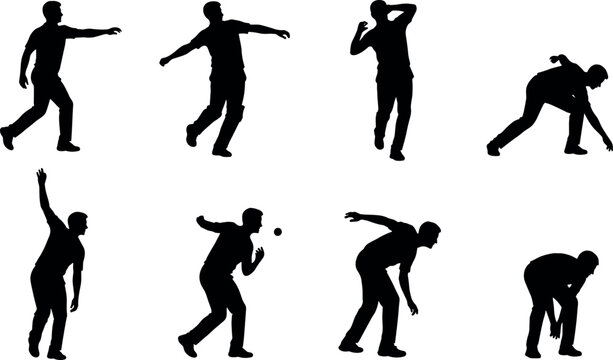 Set of black silhouettes representing men playing lawn bowls or bocce ball in various poses including throwing aiming and crouching on white