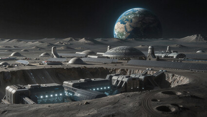 Manned moon mission. Futuristic lunar base and Earth globe, domes, habitats, and solar arrays on a dusty plain. 