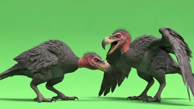  Two Terror Birds Facing Each Other Open Beaks 3D Animation Green Screen