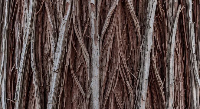 Fibrous reddish brown cedar tree bark texture with vertical peeling strips isolated on transparent background


