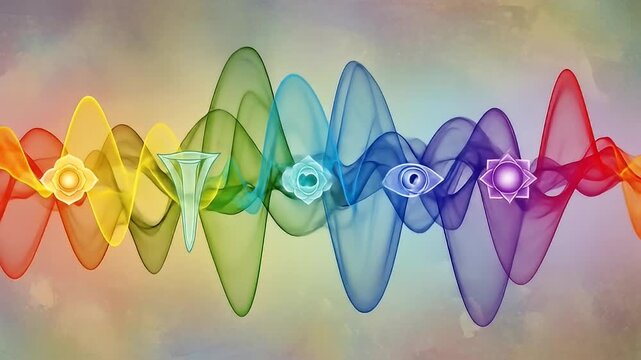 Abstract flowing lines of color form chakra symbols on a textured, gradient backdrop