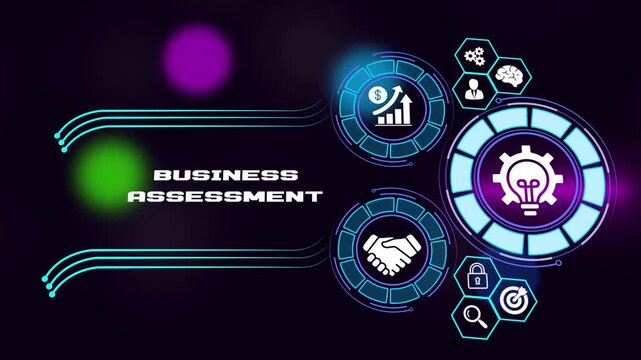 Business Assessment and corporate evaluation concept animation with professional icons, 4K.