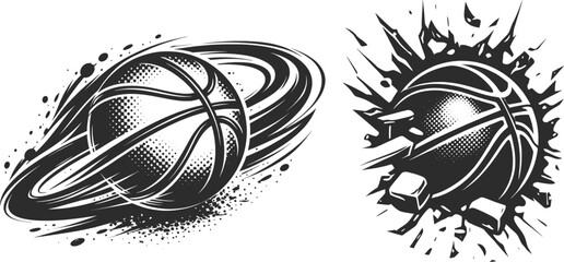 Basketball Action Set Illustration, Flaming Splash Impact Ball Icons. © Raihan