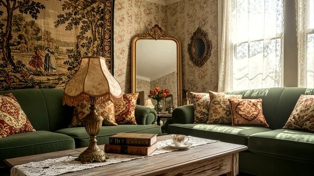 Vintage living room with green sofas decorative pillows and antique lamp.