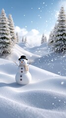 Fototapeta premium A serene winter landscape features a smiling snowman standing alone in the soft falling flakes of a snowy scene, surrounded by distant pine trees against a vast white horizon. 