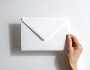 Fototapeta premium A person's hand, with a polished nail, holds a sealed white envelope centered on a white surface, with a shadow