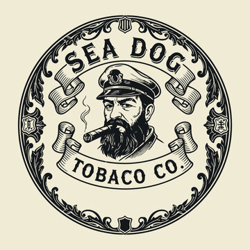 Bearded captain smoking a cigar, sea dog vintage badge template, classic nautical logo, engraved maritime illustration design