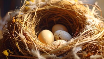 Bird nest with three eggs in natural straw home close-up spring nature