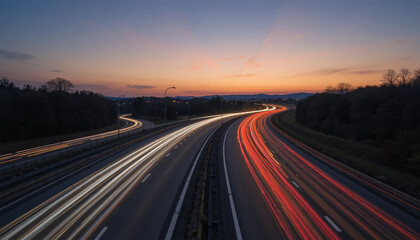 Fototapeta premium Long exposure highway at dusk showing subtle traffic light trails, realistic photography style