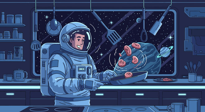 Astronaut cooking pizza in a futuristic space kitchen.