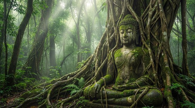 Ancient Buddha Statue Meditating in Lush Mystical Jungle with Sun Rays, Symbolizing Spiritual Tranquility and Wisdom