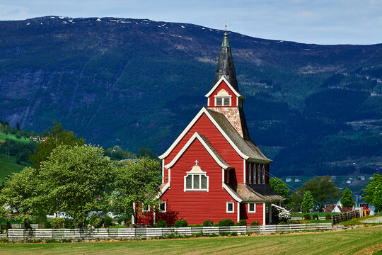 Olden Red Church in Norwegian Landscape