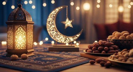 Fototapeta premium Ramadan Decor with Lantern, Crescent Moon, and Dates on Table