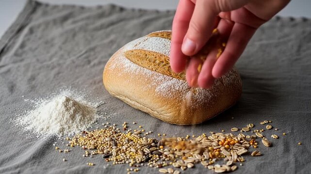 Crusty bread loaf with flour and mixed grains on textured gray cloth surface