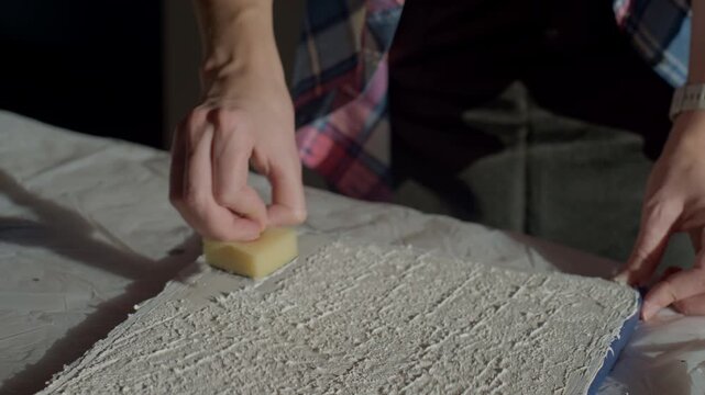 Close up of woman making relief texture on canvas using sponge and textured paste. Concept of abstract art creation