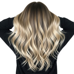 Naklejka premium Back view of a woman with long blonde hair extensions, isolated on transparent background