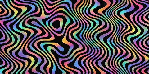 Obraz premium A bright psychedelic seamless pattern vector featuring colorful rainbow waves and abstract swirls creates a vibrant textile wallpaper design with an ornamental yellow and green line texture