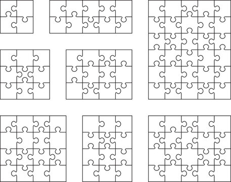 Illustration of eight white puzzles, separate pieces