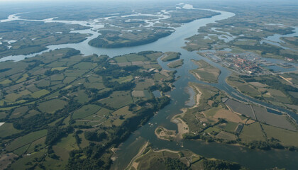 Overhead view of river delta branching into complex natural channels